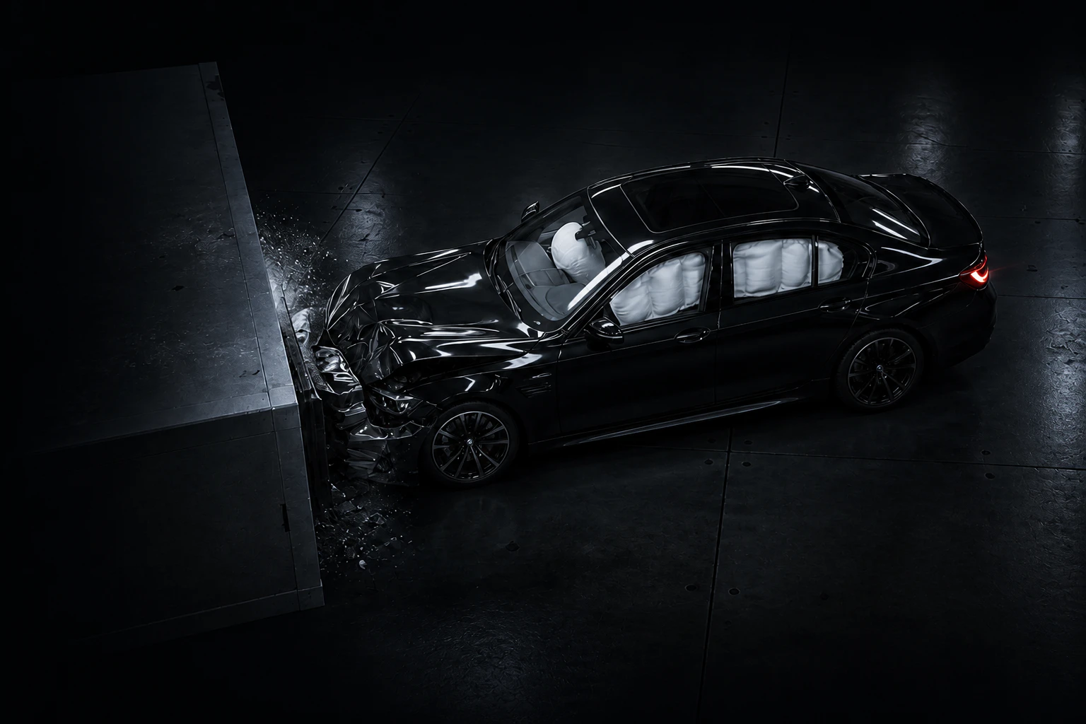 Unbranded black executive car in a controlled crash-event reconstruction